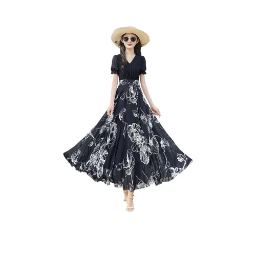 Cypress House Короткий рукав Платье Женское Черный верх и Черный низ с Белым Цветочным