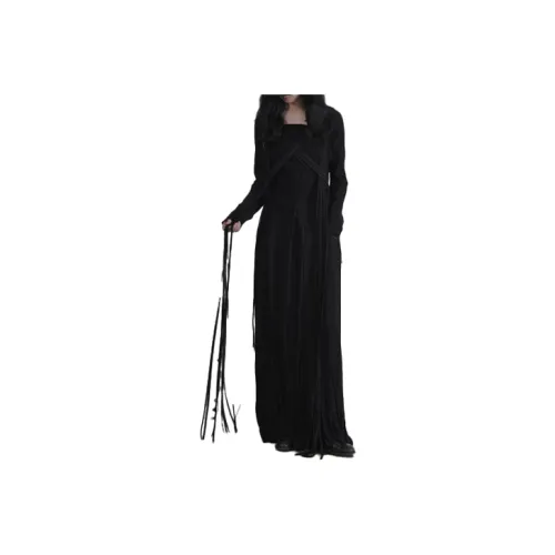 Yohji Yamamoto Черные Женские Длинные Платья с Длинными Рукавами