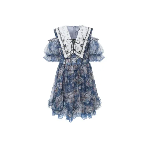 LULUALWAYS Короткий рукав Платье Женское Синий