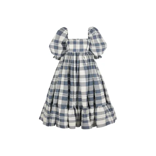 Selkie Коллекция FW24 Короткий рукав Платье Женское Темно-синий с белой клеткой Чайные полотенца с принтом