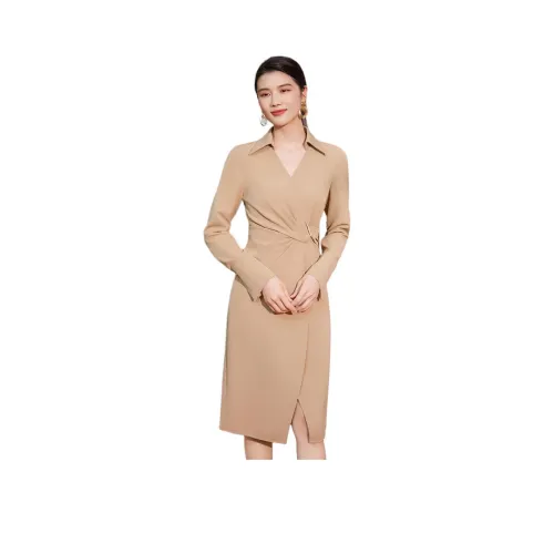 BBLLUUEE Длинный рукав Платье Женское Элегантное КАМЕЛ