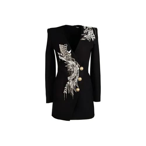 BALMAIN Черное Женское Длинное Платье с Рукавами