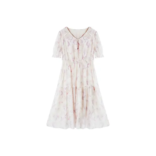 XIANGYING Короткий рукав Платье Женское Бежевое