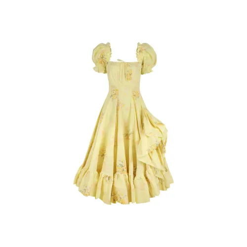 Коллекция Selkie x Bridgerton FW24 Короткое платье с короткими рукавами женское бренд Penelope желтый цвет дизайн с мимозой садовый узор с принтом