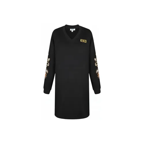 KENZO Черное Женское Длинное Платье с Рукавами
