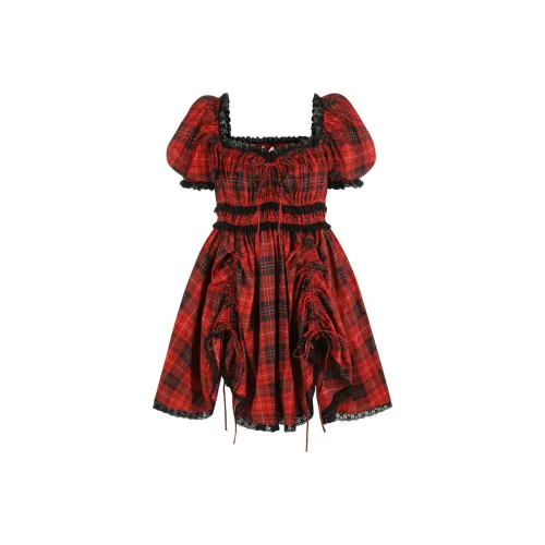 Selkie Коллекция FW24 Короткий рукав Платье Женское Королевское Тартан Красный с Классическим Клетчатым Принт