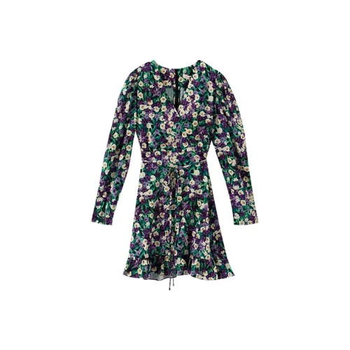 YUMOMO STAR Черная Основа с Желтыми и Фиолетовыми Цветами Женское Длинное Платье с Рукавами