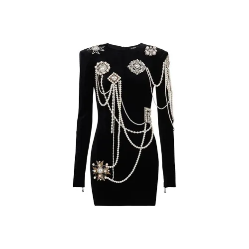 BALMAIN Черное Женское Длинное Платье с Рукавами