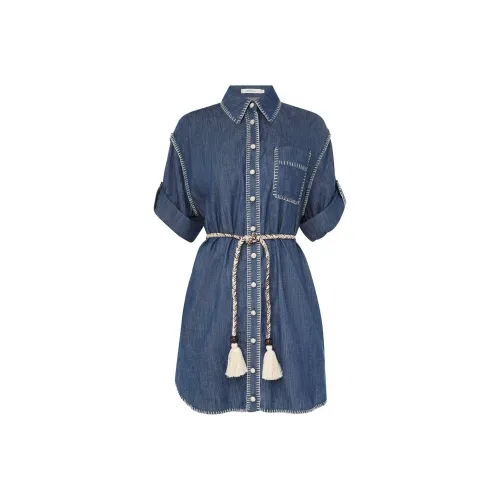 Zimmermann SS24 Короткий рукав Платье Женское Railway Синий