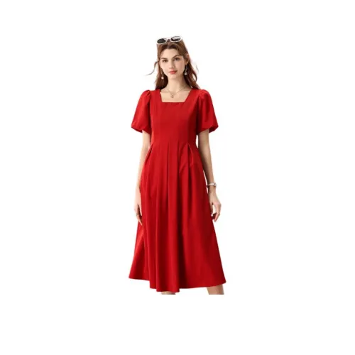 FENHONGMALI Короткий рукав Платье Женское Красное