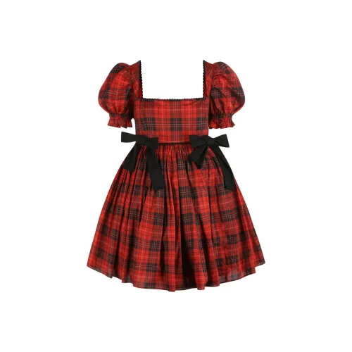 Selkie Коллекция FW24 Короткий рукав Платье Женское Королевское Тартан Красный с Классическим Клетчатым Принт