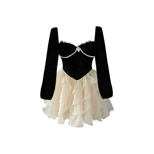 SourceDEEMO Сладкий Кремовый Длинный Sleeved Платье Женские Черный