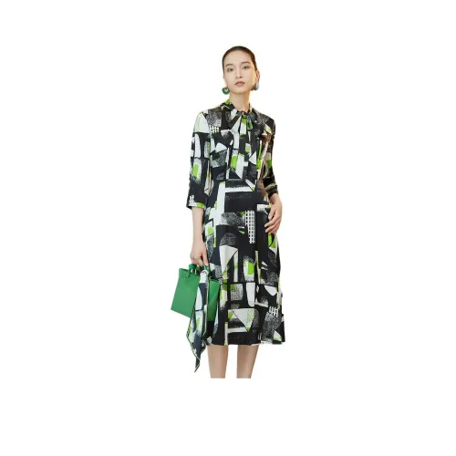 BBLLUUEE Длинный рукав Платье Женское Черное Изумрудно-зеленый