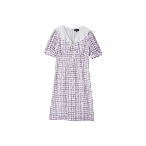 OUNIXUE Фиолетовая клетка Женские Платья с коротким рукавом