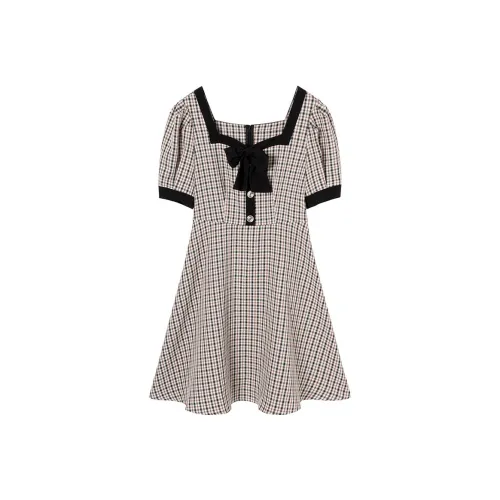 MEETLADY Red Black Checkered Женские Короткие Платья с Рукавами