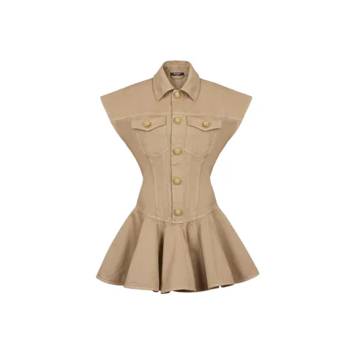 BALMAIN FW24 Короткое платье с короткими рукавами женское бежевый