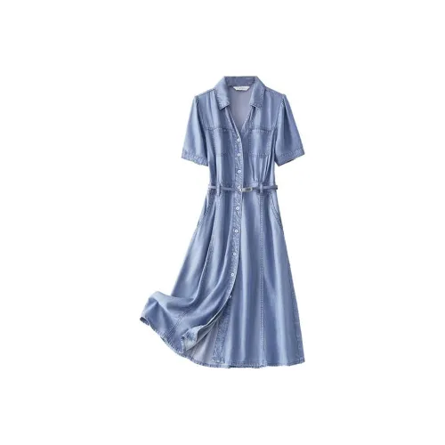 IHIMI Короткий рукав Платье Женское Синее