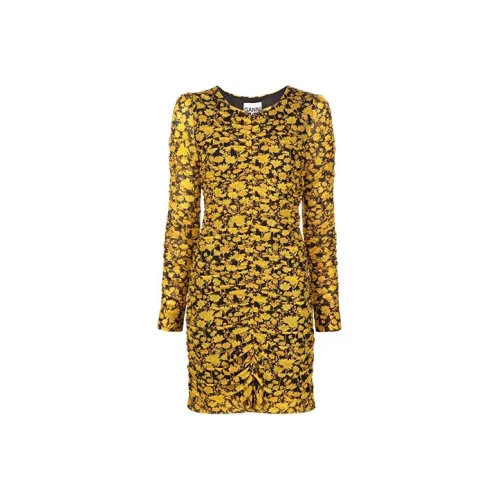 GANNI Желтое Женское Длинное Платье с Рукавами