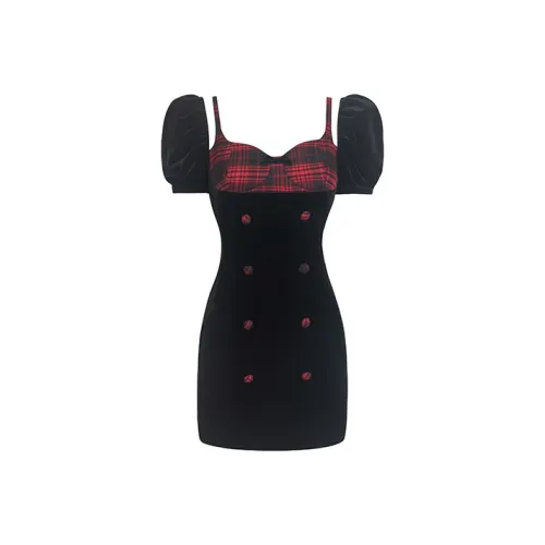 WOOHA Черное Женское Короткое Платье с Короткими Рукавами