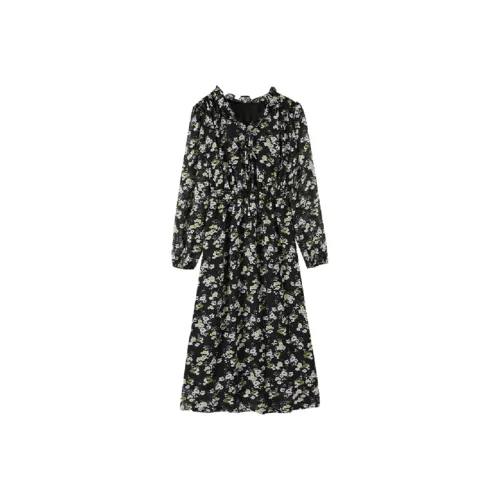 Mo Han Yi Mei Длинное платье с длинными рукавами женское черный цветок