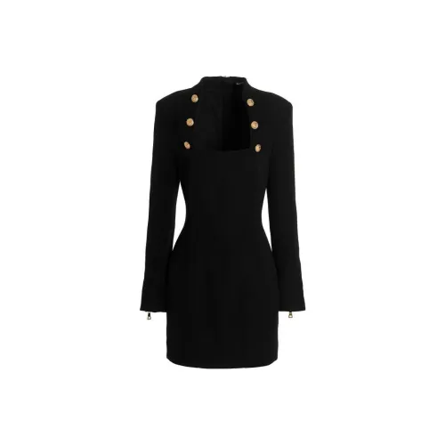 BALMAIN Черное Женское Длинное Платье с Рукавами