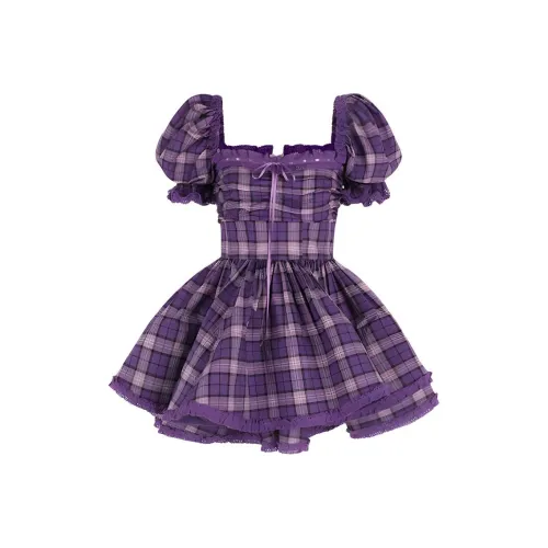 Selkie Коллекция FW24 Короткий рукав Платье Женское Фиолетовое Преппи стиль Клетка с принтом