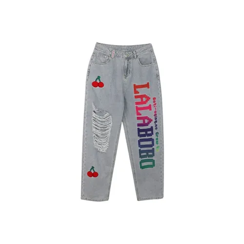 LALABOBO Шаровары Тонкие Джинсы Женские Светло-Синий Белый