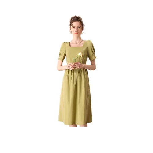 FENHONGMALI Короткий рукав Платье Женское Яблочно-зеленый