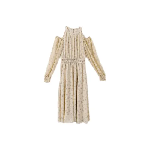 YUMOMO STAR Бежевое с Фиолетовым Цветочным Женское Длинное Платье с Рукавами