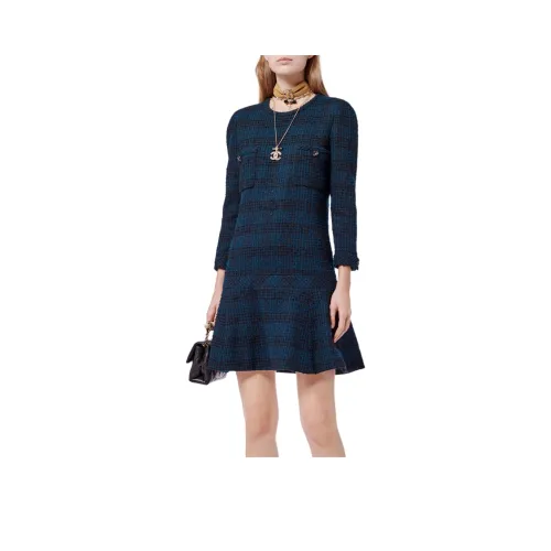 CHANEL 24 Осенний Зимний Новый Приход Длинный Рукав Платье Женское Темно-синий