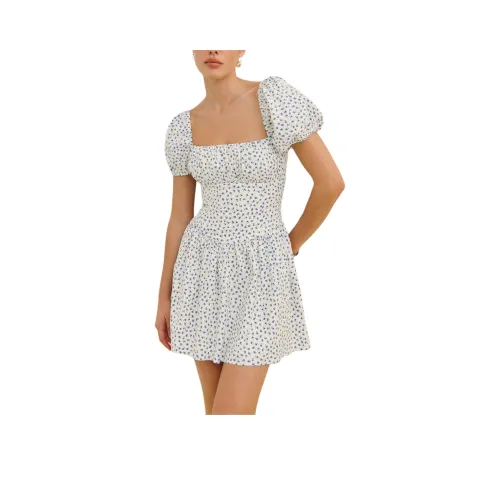 Reformation Marielle Платье Короткое с Короткими Рукавами Женское Белое с Синим Цветком