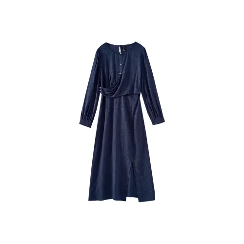 OUNIXUE Длинное платье с длинным рукавом женское темно-синий
