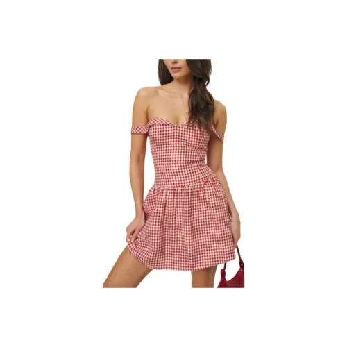 Reformation Sora льняное платье короткий рукав женское в клетку