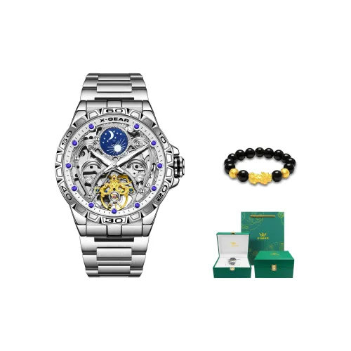 X Шестерня Starry Series Механический механизм Нержавеющая сталь Ремешок Часы Мужские Белый циферблат