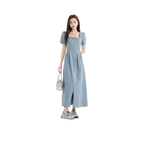 MENGXIAOQI Короткий рукав Платье Женское Синее