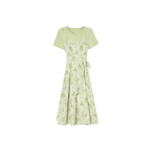 PLANE DRIFT Короткий рукав Платье Женское Бамбуковый лист Зеленый