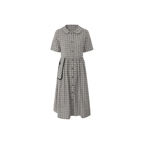 Elva' Island Короткий рукав Платье Женское Черный Белый Клетка