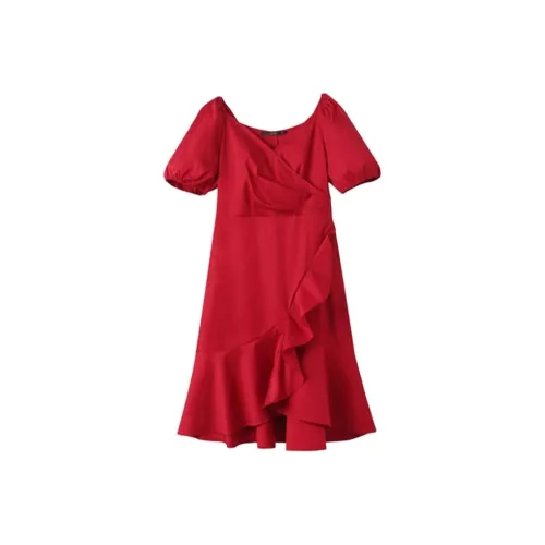 GOELIA Короткий рукав Платье Женское Перечно-красное