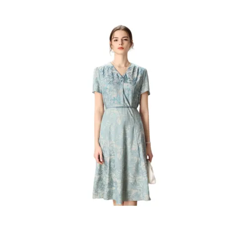 FENHONGMALI SS25 Короткий рукав Платье с утяжкой на талии Женское Небесно-голубое