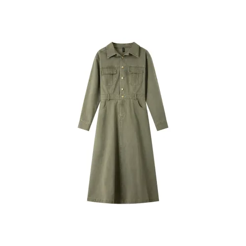 VIMLY Длинное платье с длинными рукавами женское армейский зеленый