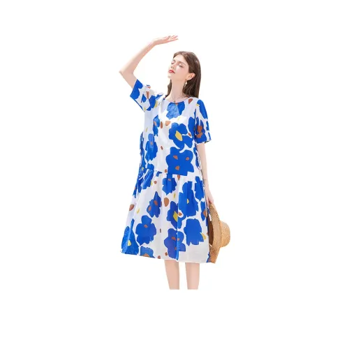 TOUCH Короткий рукав Платье Женское Белое с синим цветком
