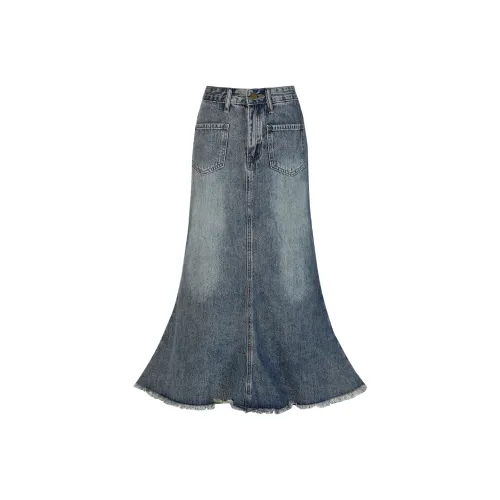 Wen Shan Деним Длинная Юбка Женская Синяя