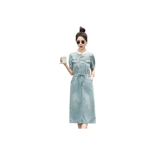MJ Весна и Лето Короткий рукав Платье Женское Синий