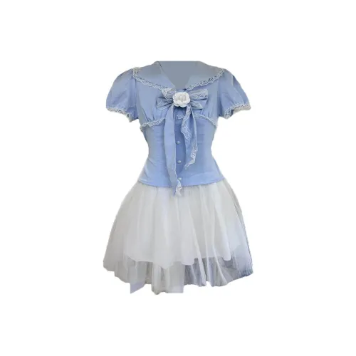 VKXOW Короткий рукав Платье Женское Синее