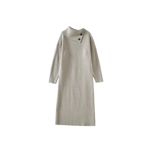 OUNIXUE Длинное платье с длинными рукавами женское серо-бежевый