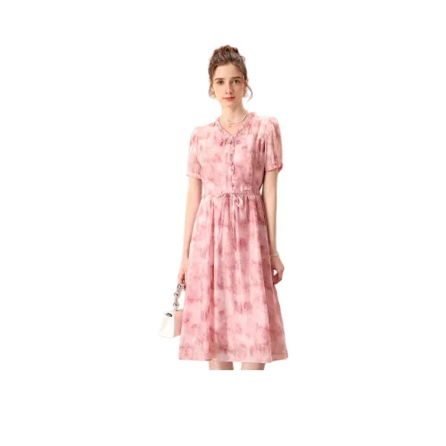 FENHONGMALI Короткий рукав Платье Женское Розовое