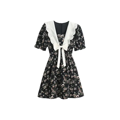 LEMON FAIRY Короткий рукав Платье Женское Черный с узором