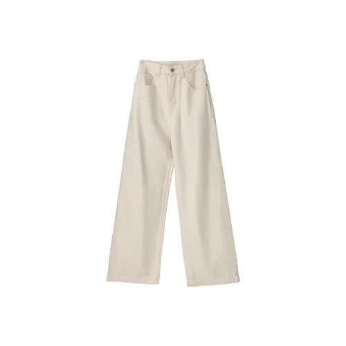 Fstudio Корейский стиль Однотонный Прямой крой HIGH RISE Коммутирование Универсальный Джинсы Женские Натуральный белый