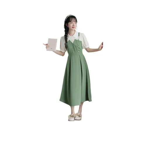 Xuan Tang Короткий рукав Платье Женское Зеленое