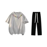 Комплект одежды (Серый футболка с вереском + Черные повседневные штаны)